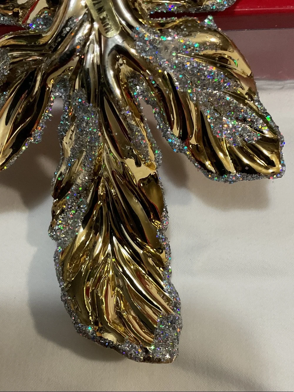 Gold Glitter Leaf Holiday Ornament - Decorative Hanging Accent